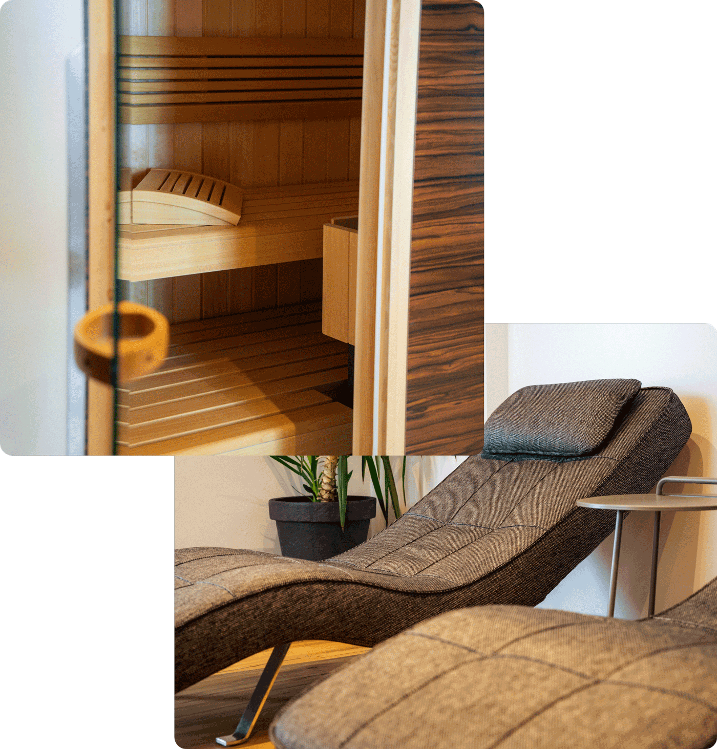 Fotocollage vom Spa-Bereich, Sauna und Ruheraum